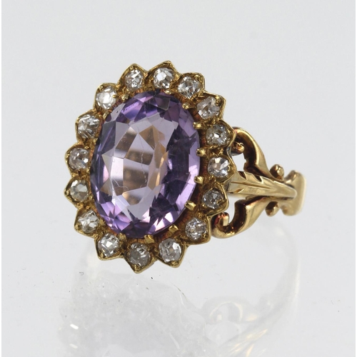 85 - Yellow gold (tests 18ct) vintage diamond and amethyst cluster ring, amethyst approx. 3.81ct, measuri... 