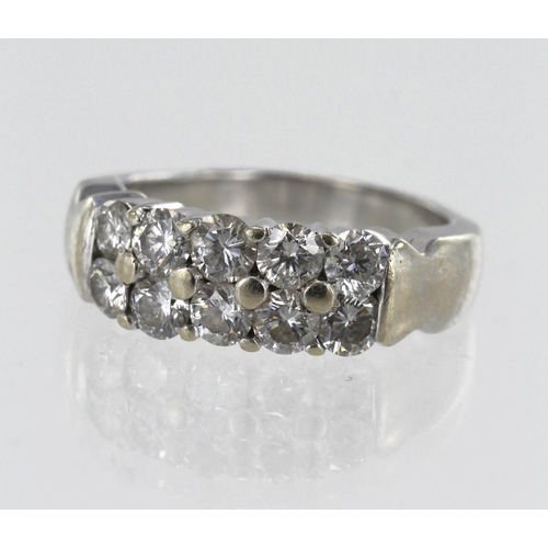 88 - White gold (tests 18ct) diamond two row ring, ten round brilliant cut diamonds, TDW approx. 1.35ct, ... 