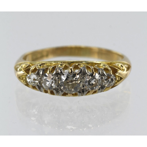 91 - Yellow gold (tests 18ct) diamond boat shaped ring, five graduating old cut and single cut diamonds, ... 