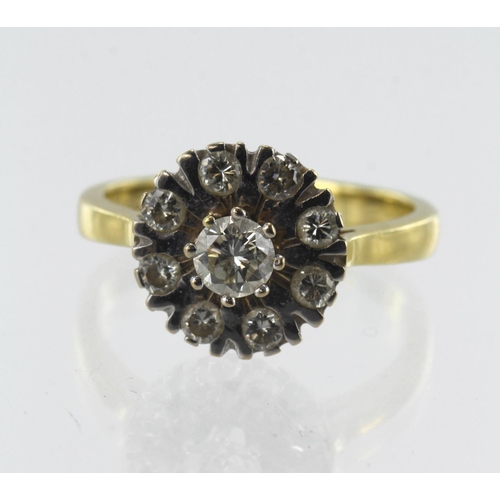 92 - Yellow gold (tests 18ct) diamond cluster ring, principle round brilliant cut approx. 0.35ct, surroun... 