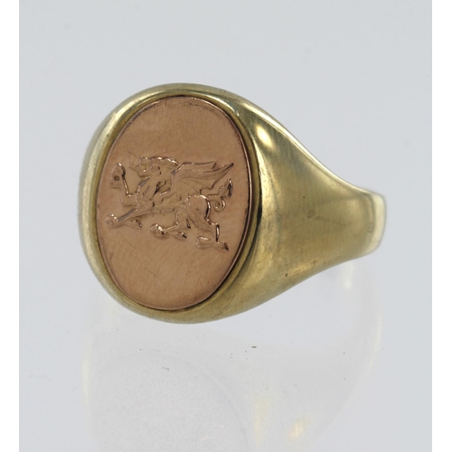 94 - 9ct yellow gold Clogau signet ring, rose gold table with the Welsh Red Dragon of Cadwaladr motif, ta... 