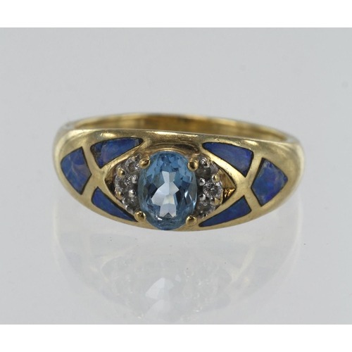 97 - 9ct yellow gold diamond, topaz and opal dress ring, one oval Swiss blue topaz measuring approx. 7mm ... 