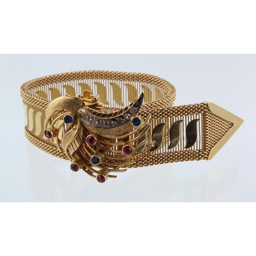 1000 - Yellow gold (tests 18ct) adjustable belt style bracelet, paste set clasp, total length 9.5