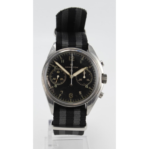 101 - Hamilton British military issue 'Fab Four' chronograph wristwatch, dated 1970. The black dial with w... 