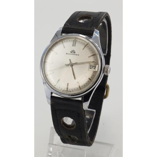 102 - Gents stainless steel cased Bucherer manual wind wristwatch. The silver dial with baton markers, dat... 