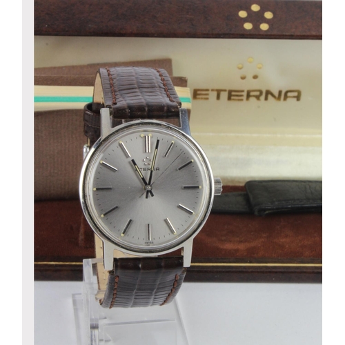 105 - Gents stainless steel cased Eterna manual wind wristwatch. The silver dial with stick markers, black... 