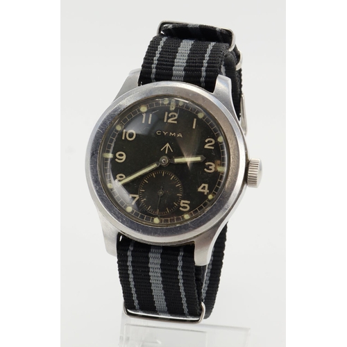 126 - Cyma British military issue 'Dirty Dozen' wristwatch. The black dial with white Arabic numerals, bro... 