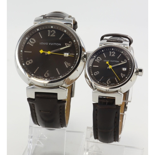 135 - Loius Vuitton Tambour stainless steel cased 'His & Hers' quartz wristwatches. Both the brown dial, a... 