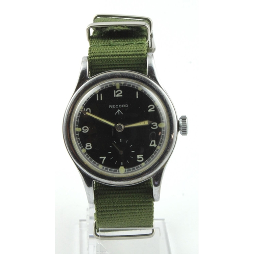 158 - Record British military issue 'Dirty Dozen' wristwatch. The black dial with white Arabic numerals, b... 