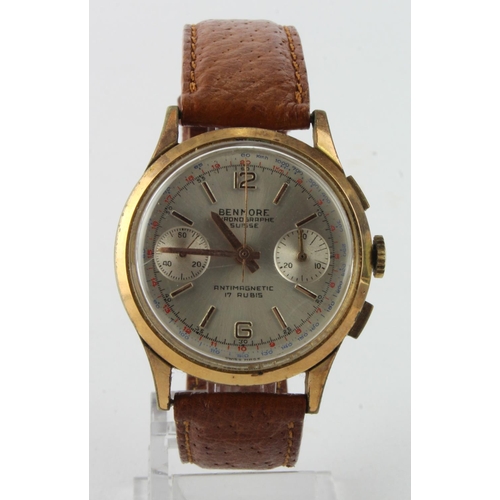 168 - Gents gold plated Benmore chronographe wristwatch. The silver dial with gilt arabic and baton marker... 