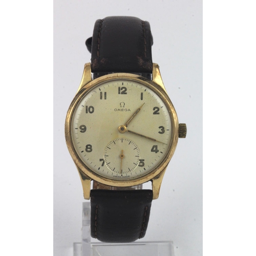 171 - Gents 9ct cased Omega manual wind wristwatch circa 1948. The cream dial with arabic numerals and sub... 