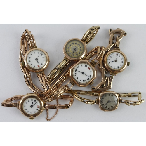 172 - Assortment of six ladies 9ct cased wristwatches, all better examples and on 9ct expandable bracelets... 