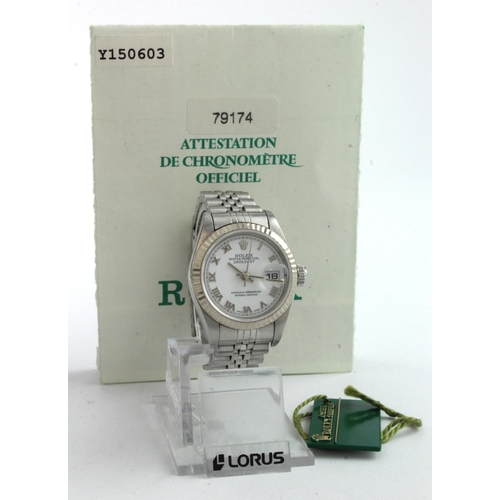 178 - Ladies Rolex Steel and White Gold Oyster Perpetual Datejust wristwatch, the white dial with the roma... 