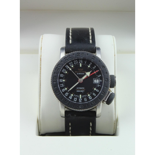 179 - Glycine Airman GL293 world timer automatic gents wristwatch, Ref. 3928. The black dial with date ape... 