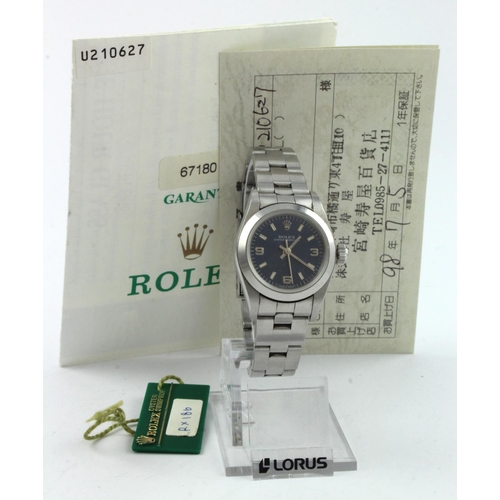 181 - Ladies Rolex Stainless Steel Oyster Perpetual wristwatch, the blue dial with baton markers on a stai... 