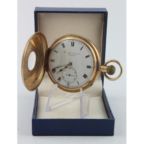 191 - Gents 9ct cased half hunter pocket watch by Thos Russel & Son, hallmarked Chester 1912. The white di... 