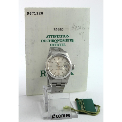 201 - Ladies Rolex Stainless Steel Oyster Perpetual wristwatch, the silver dial with baton markers on a st... 