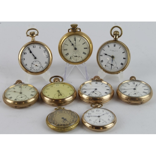 208 - Nine gold plated open face gents pocket watches. All stem-wind with subsidiary second dials, various... 