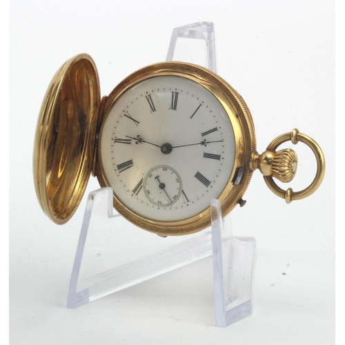 209 - Ladies yellow metal (stamped 18k and tests 18ct) full hunter pocket watch. The white dial with black... 