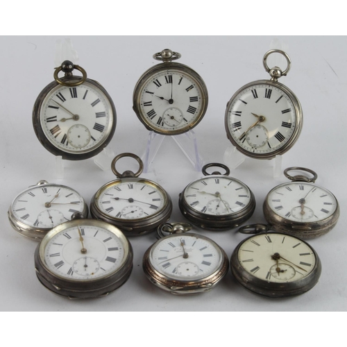 211 - Ten silver cased open face gents pocket watches. All key-wind with white/cream dials, Roman numerals... 