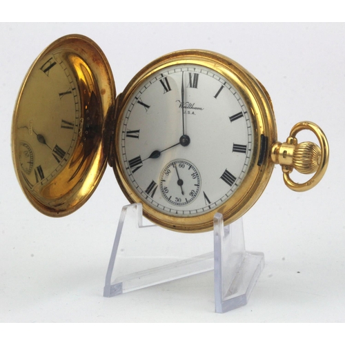 214 - Gents 18ct cased full hunter pocket watch by Waltham. Hallmarked Birmingham 1917. The white dial wit... 