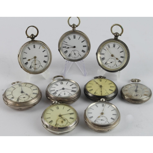 215 - Nine silver cased open face gents pocket watches. All key-wind with unsigned dials, Roman numerals a... 