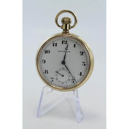 218 - Gents 9ct cased open face stem-wind pocket watch by Garrard, hallmarked Birmingham 1957. The white d... 