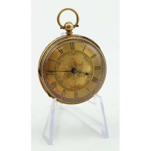 219 - Gents 18ct cased open face pocket watch, hallmarked Chester 1875. The gilt dial with black roman num... 