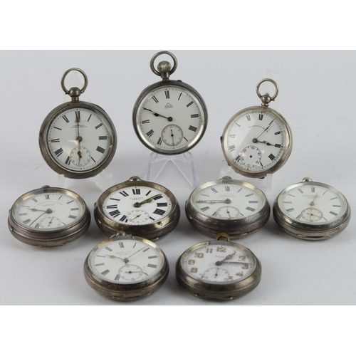 221 - Nine silver cased open face gents pocket watches. Mostly key-wind with two stem-wind. All with the w... 