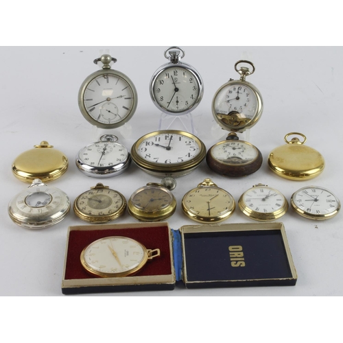 222 - Assortment of fifteen base metal pocket watches, various sizes. Mostly stem-wind with two kew-wind, ... 