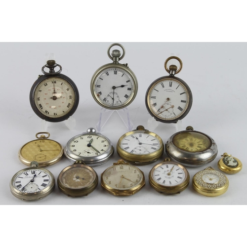 223 - Assortment of thirteen base metal pocket watches, various sizes. Mostly stem-wind with two kew-wind,... 