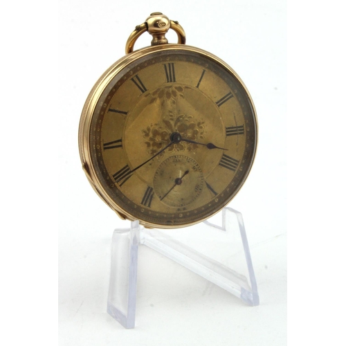 224 - Gents yellow metal (stamped 18k and tests 18ct) open face pocket watch. The gilt dial with gilt roma... 