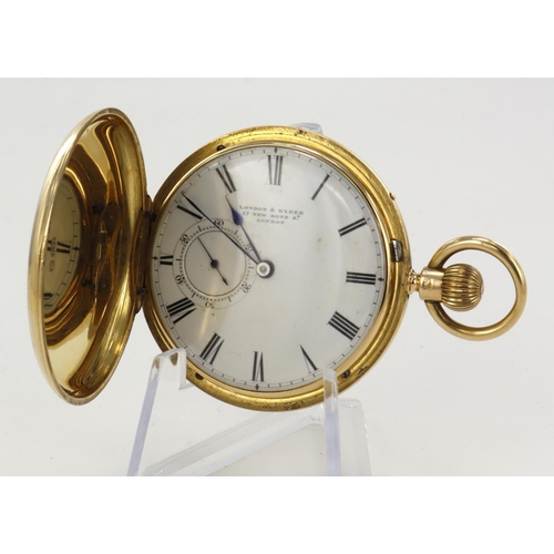 228 - Gents 18ct cased full hunter stem-wind pocket watch by London & Ryder, hallmarked London 1863. The w... 