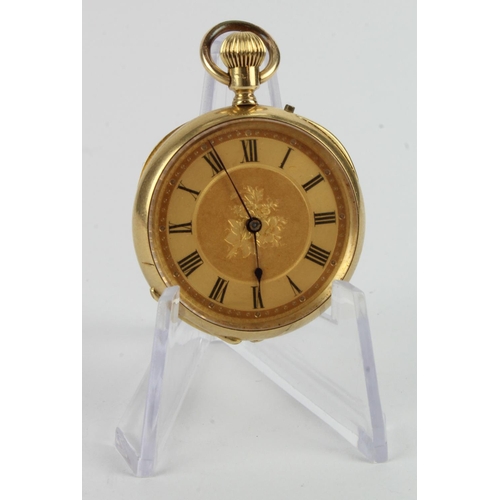 229 - Ladies 'KG18' (tests 18ct) cased open face stem-wind pocket watch. The gilt dial with Roman numerals... 