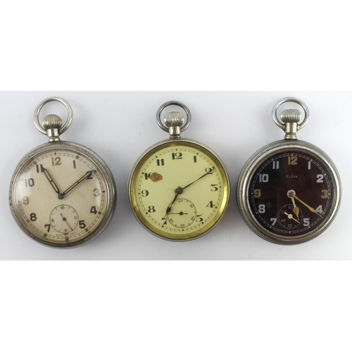 230 - Three British military issue pocket watches, all stem-wind, various dial colours with Arabic numeral... 