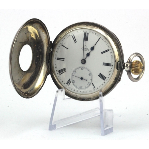 231 - Gents silver cased half hunter pocket watch by Dent. Hallmarked London 1907. The white dial with bla... 