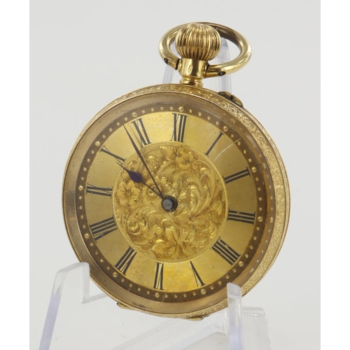 233 - Gents yellow metal (stamped 18k) cased stem-wind open face pocket watch. The gilt dial with black Ro... 