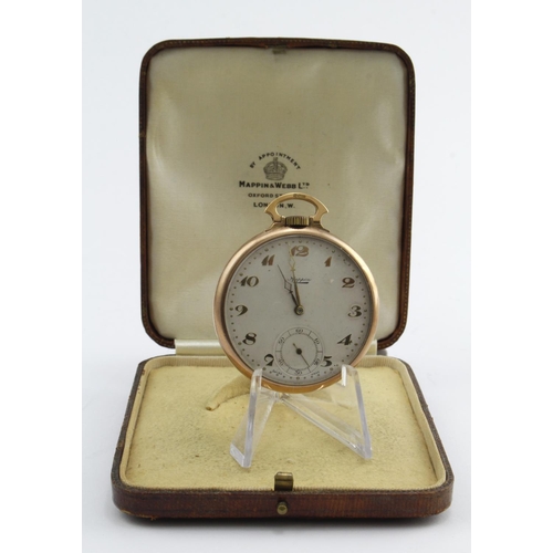 234 - Gents 9ct cased open face pocket watch by Mappin & Webb. The cream dial with gilt arabic numerals. A... 