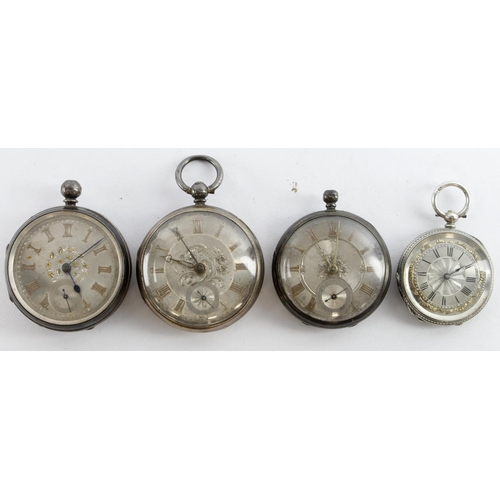 237 - Four silver cased open face pocket watches. All key-wind with the silver guilloche dials, roman nume... 