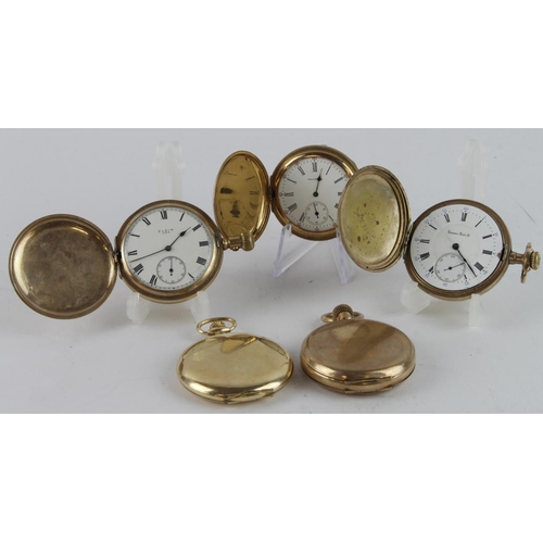 238 - Five gold plated full-hunter gents pocket watches. All stem-wind with subsidiary second dials, vario... 