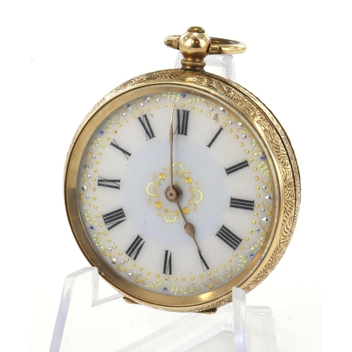 240 - Gents yellow metal cased (stamped 14k) open face key wind pocket watch. The white dial with Roman nu... 