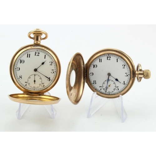 241 - Two gold plated half-hunter gents pocket watches. Both stem-wind, unsigned dials with Arabic numeral... 