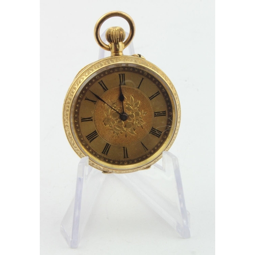 242 - Ladies 18ct Gold open face pocket watch, Roman numerals to dial, diameter 35mm approx., weight 39.6g... 