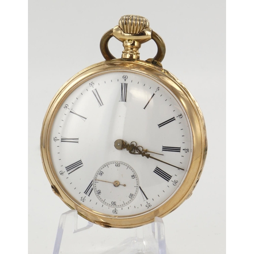 243 - Gents yellow metal cased (stamped 14k) open face stem-wind pocket watch. The white dial with Roman n... 