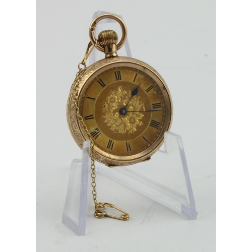 245 - Ladies 12ct (import marks for London 1911) open face pocket watch. The gilt dial with black roman nu... 