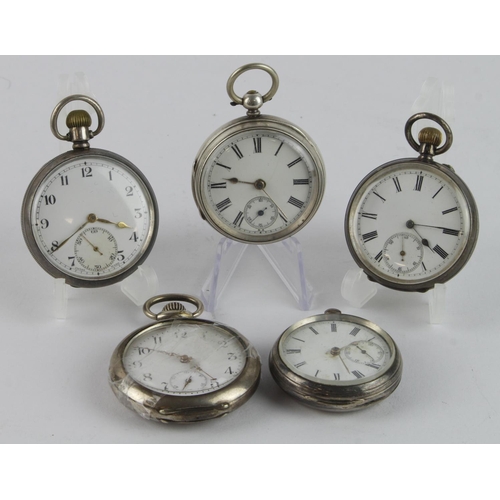 246 - Five silver cased open face gents pocket watches. Mostly stem-wind with two key-wind, all with subsi... 