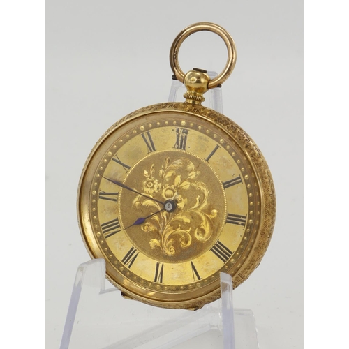 247 - Gents yellow metal (stamped 18k) cased open face pocket watch. The gilt dial with black Roman numera... 