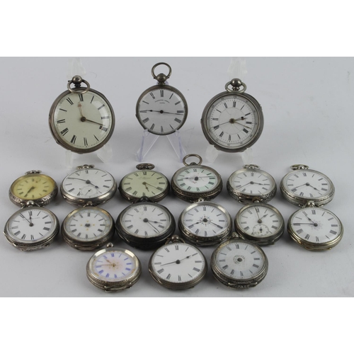 248 - Assortment of eighteen silver cased open face pocket/fob watches. Mostly key-wind with one stem-wind... 