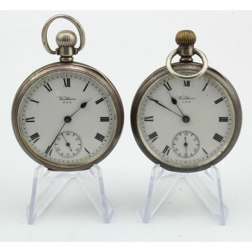 249 - Waltham, two silver cased open face gents pocket watches. Both stem-wind with the white dials, Roman... 