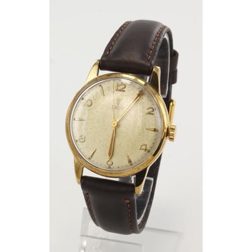 25 - Gents 9ct cased Tudor manual wind wristwatch, hallmarked 1957. The cream dial with alternating gilt ... 